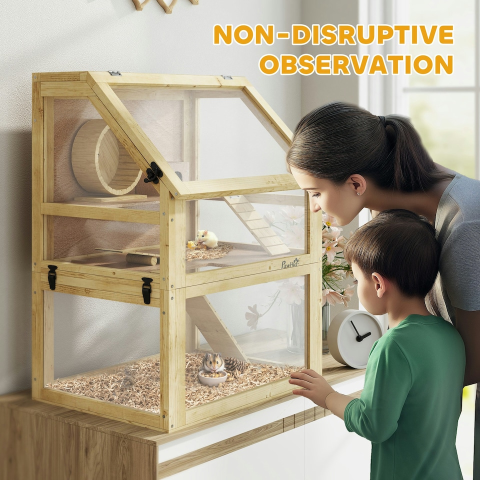 image 1 of PawHut Wooden Hamster Cage w/ Detachable Bottom, Hut, Seesaw, Natural