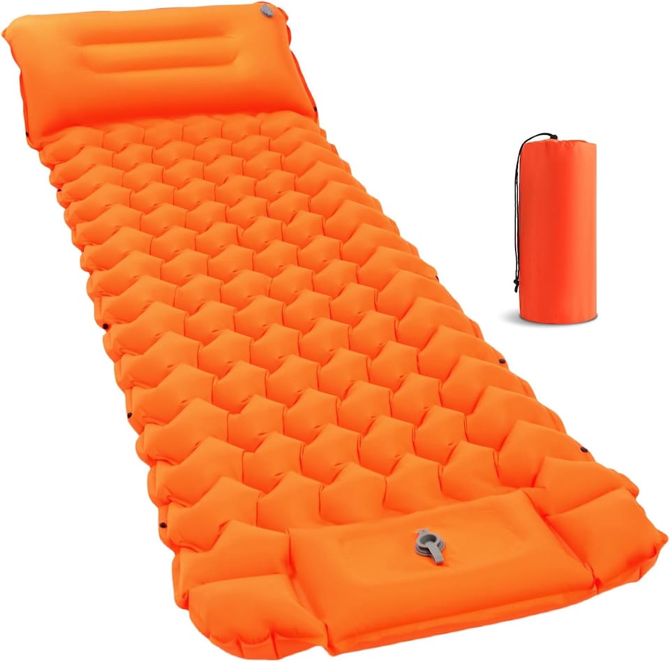 image 1 of Ultralight Inflatable Sleeping Mat with Built-in Pillow & Foot Pump | Orange | Orange