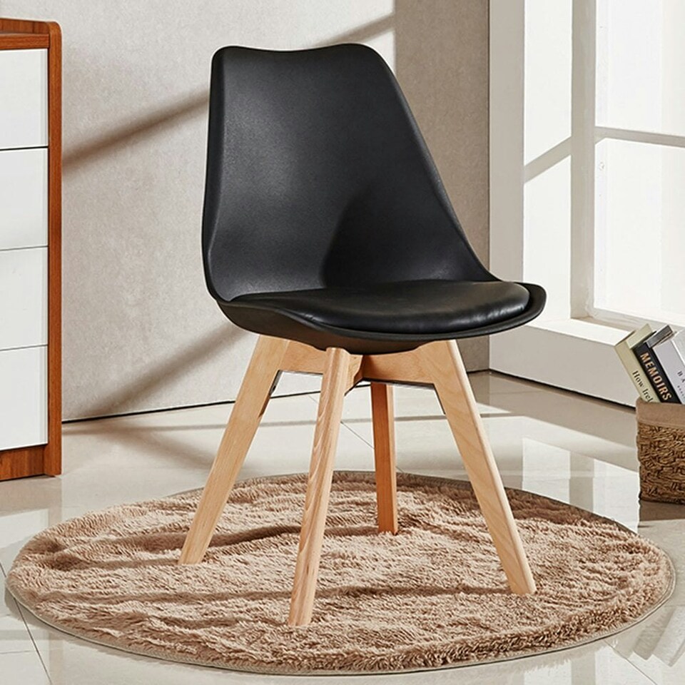 image 1 of Set of 2 Scandinavian Dining Chairs with Leather Cushions Solid Wood Legs Black