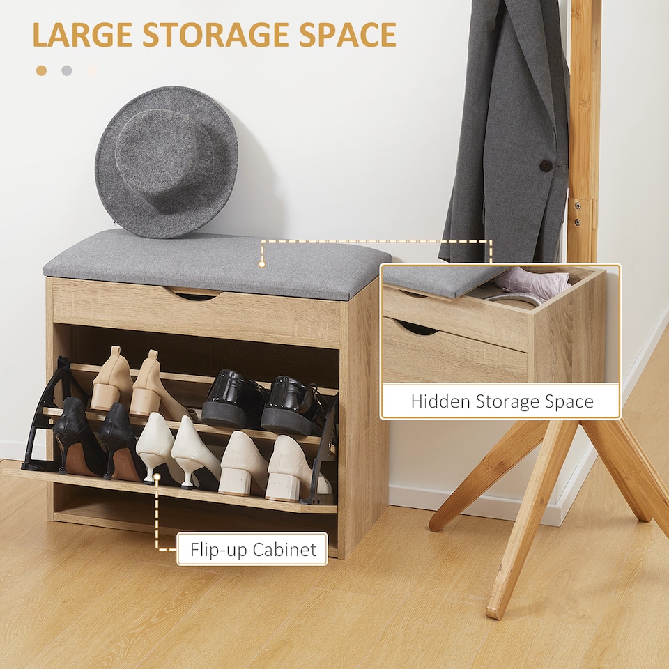image 1 of HOMCOM Entryway Shoe Bench with Cushion Storage Cabinet for Living Room Natural