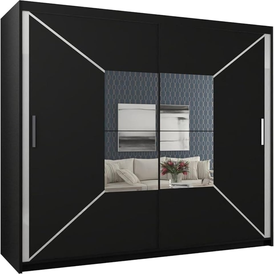 image 1 of Modern Geometric Mirror Sliding Door Wardrobe 180cm | White/Black/Grey 2-Door Bedroom Cabinet Black | Black180cm