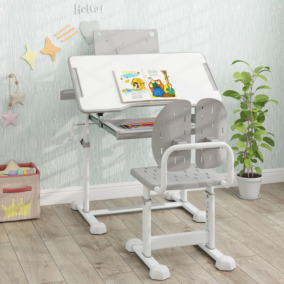 image 1 of COSTWAY Kids  Study Desk & Chair Set Height-Adjustable Children Study Desk-Grey