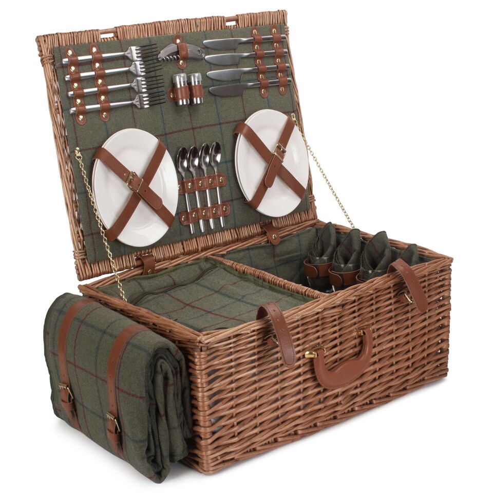 image 1 of 4 Person Green Tweed Fitted Picnic Basket