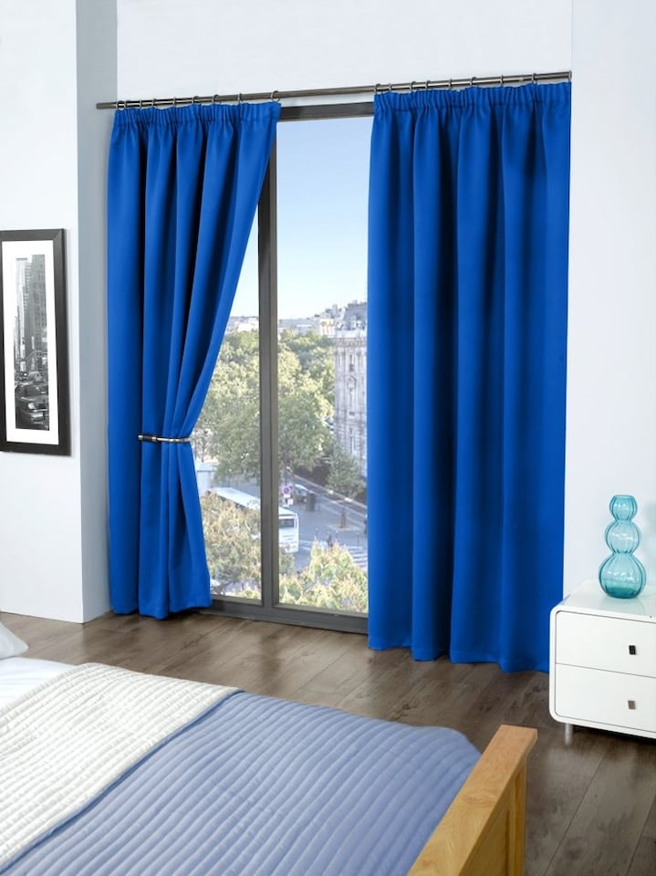 image 1 of Essential Woven Thermal Blackout Pencil Pleat Curtains 116cm x 183cm Blue | Blue | Blue