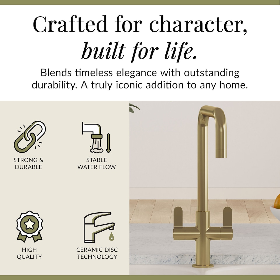 image 1 of Kuma Kitchen Mono Mixer Tap Dual Lever, Brushed Brass 361mm | Copper | Brushed Brass | 1