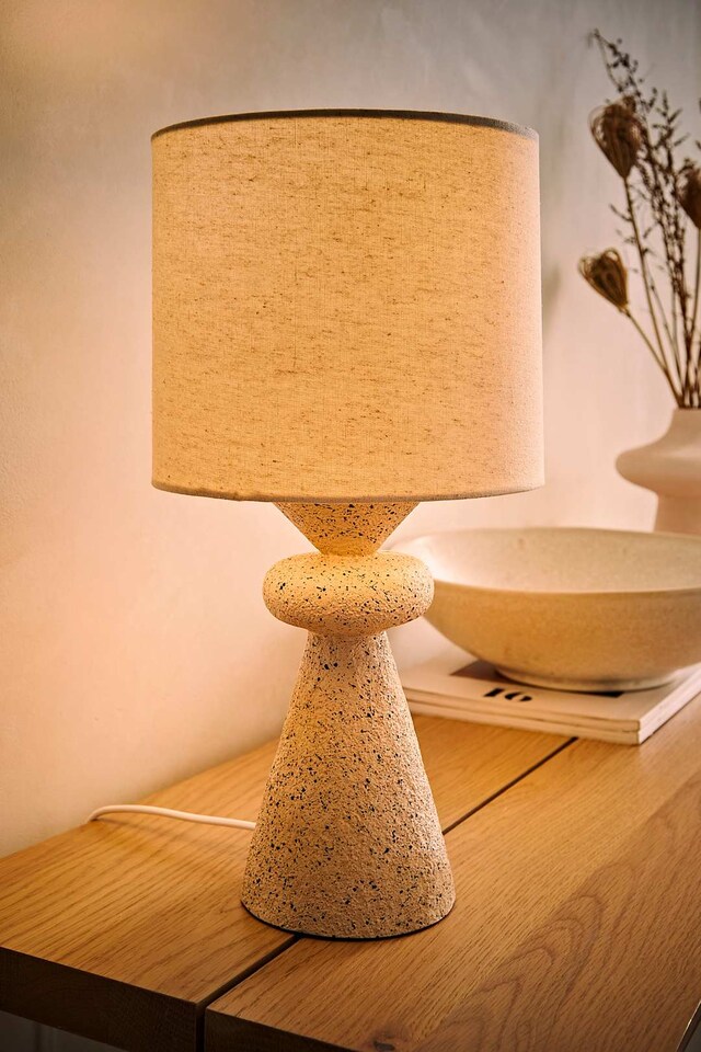 image 1 of ValueLights Cady Stone Effect Natural Table Lamp with Drum Shade & Bulb | Cream