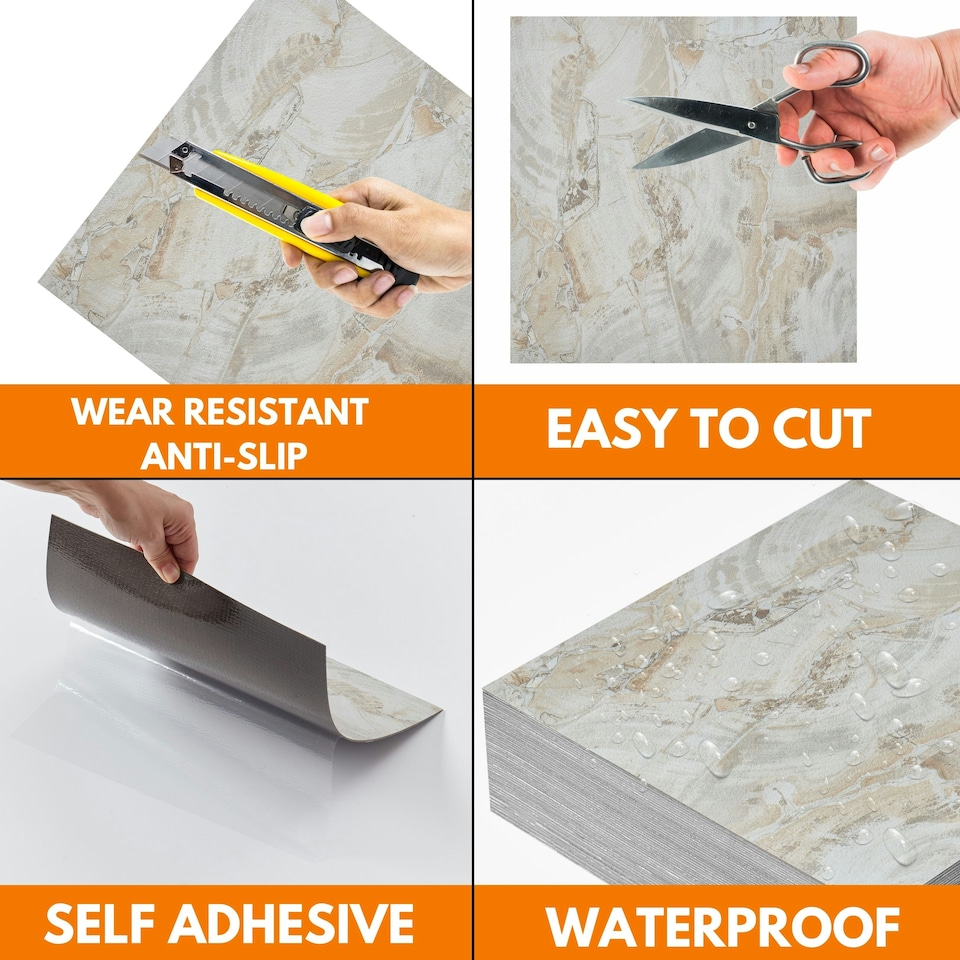 image 1 of NOVECRAFTO Vinyl Floor Tiles Self Adhesive – 12x12in Peel and Stick Flooring for Kitchen, Bathroom & Living Room – Beige Marble Flow Design Brown | 4.65 sqm