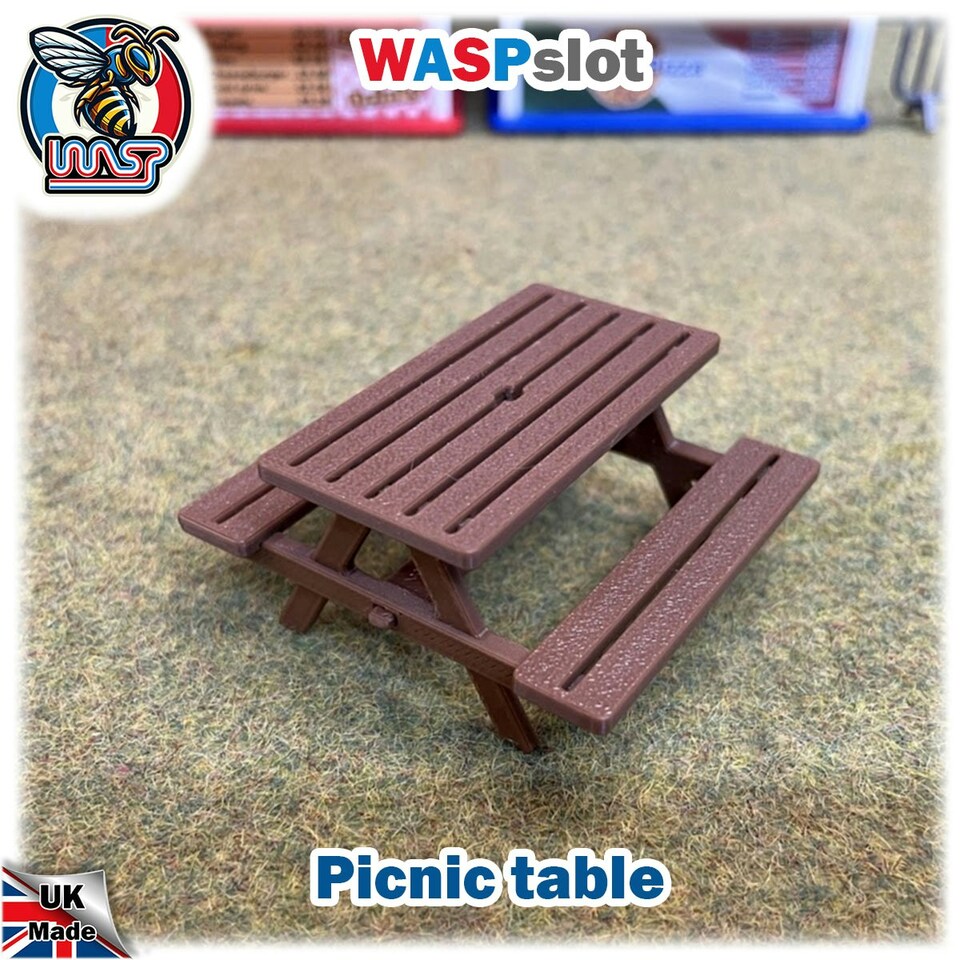 image 1 of Slot Car Scenery Trackside Picnic Table and Umbrella Pub Bench Blue 1:32 WASP P