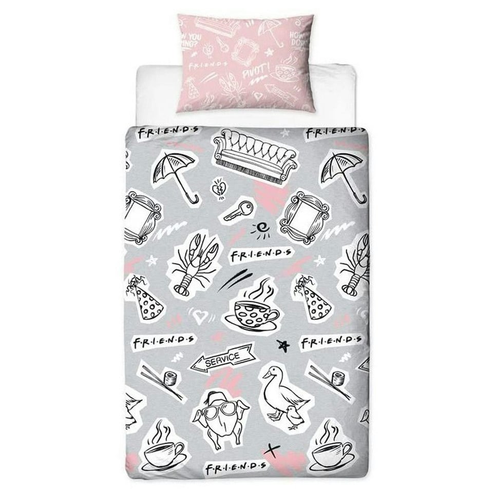 image 1 of Friends Coffee Duvet Cover Set - Pink/Grey/White - Single Pink | Single