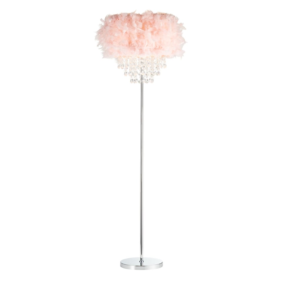 image 1 of Modern Chandelier Style Pink Feather Floor Lamp with Waterfall Acrylic Droplets | Pink | Pink | 1