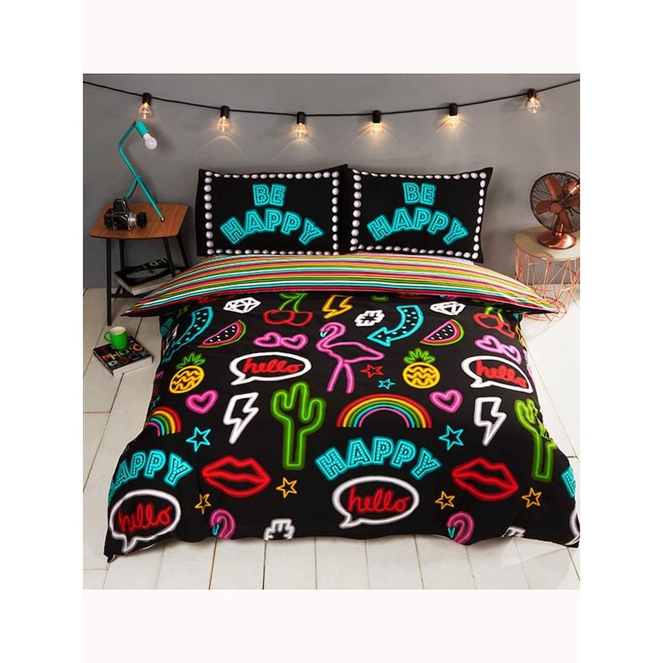 image 1 of Rapport Be Happy Neon Duvet Cover Set | Multi | Multicoloured | Single | 1