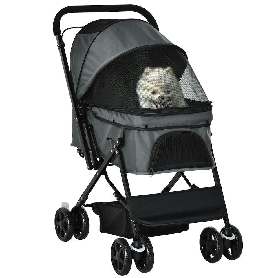 image 1 of PawHut Pet Stroller Dog Foldable Travel Carriage with Reversible Handle, Grey