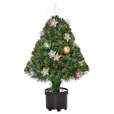 HOMCOM 2FT Prelit Artificial Christmas Tree Tabletop Multicoloured Fibre Optic Xmas Decoration w LED Lights Pot Table Desk Green