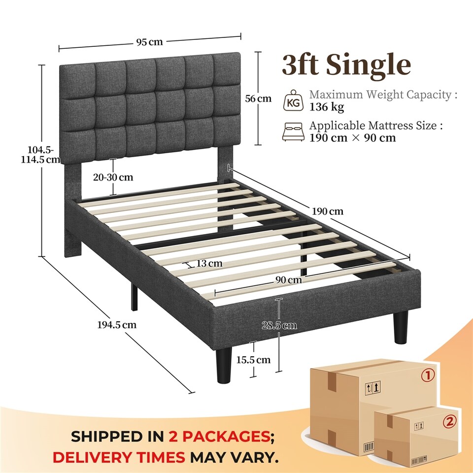 image 1 of Yaheetech 3ft Single Upholstered Bed Frame with Square Tufted Headboard-Light Grey