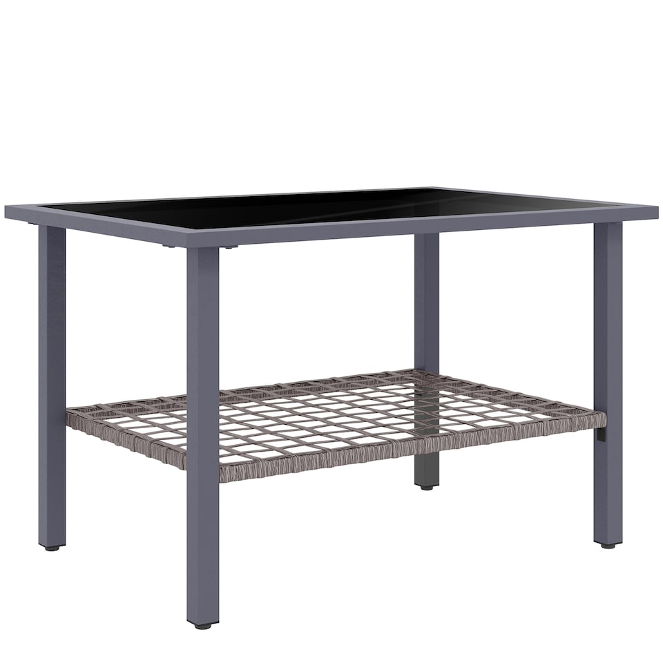 image 1 of Outsunny Outdoor Rattan Coffee Table, Rectangular Tea Side Table with Tempered Glass Top, Storage Shelf, Foot Pads, Garden Furniture for Patio, Balcony, Mixed-grey | Grey | Mixed-grey