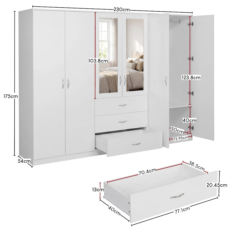 image 1 of Vida Designs Riano 6 Door 3 Drawer XX-Large Mirrored Wardrobe, White