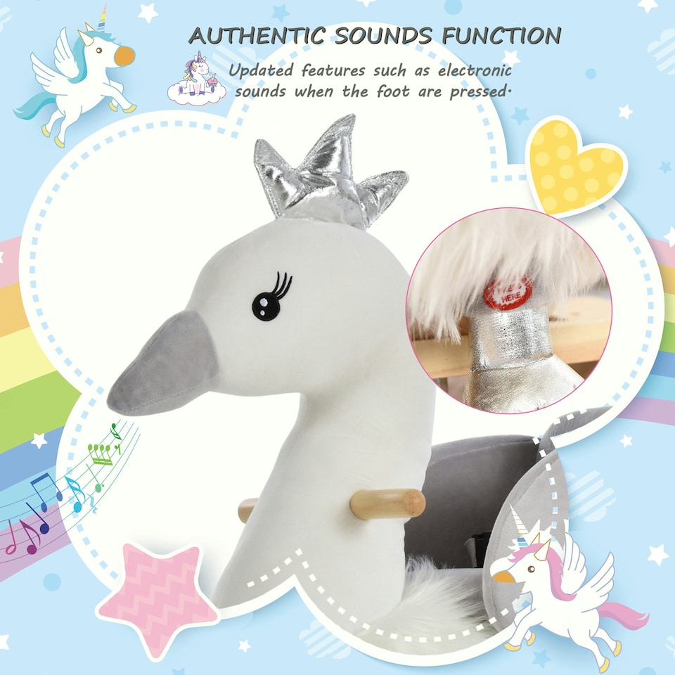 image 1 of HOMCOM Cute Kids Ride-On Rocking Swan w/ Sound Handlebars Seat Belt Plush Body