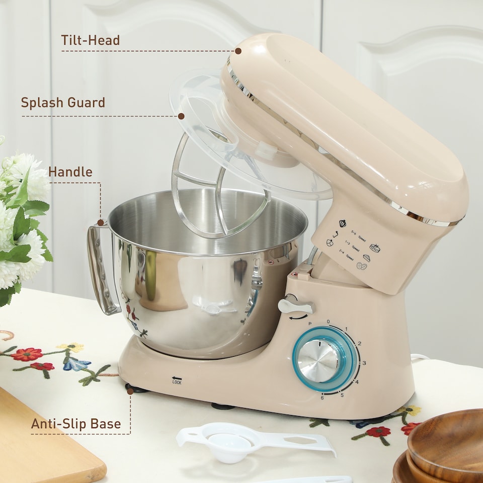 image 1 of HOMCOM Stand Mixer, 4.5L Food Mixer for Baking, 6 Speeds and Pulse Setting, 1300W Cake Electric Whisk with Dough Hook, Whisk, Stainless Steel Bowl, Splash Guard, Beater, Beige