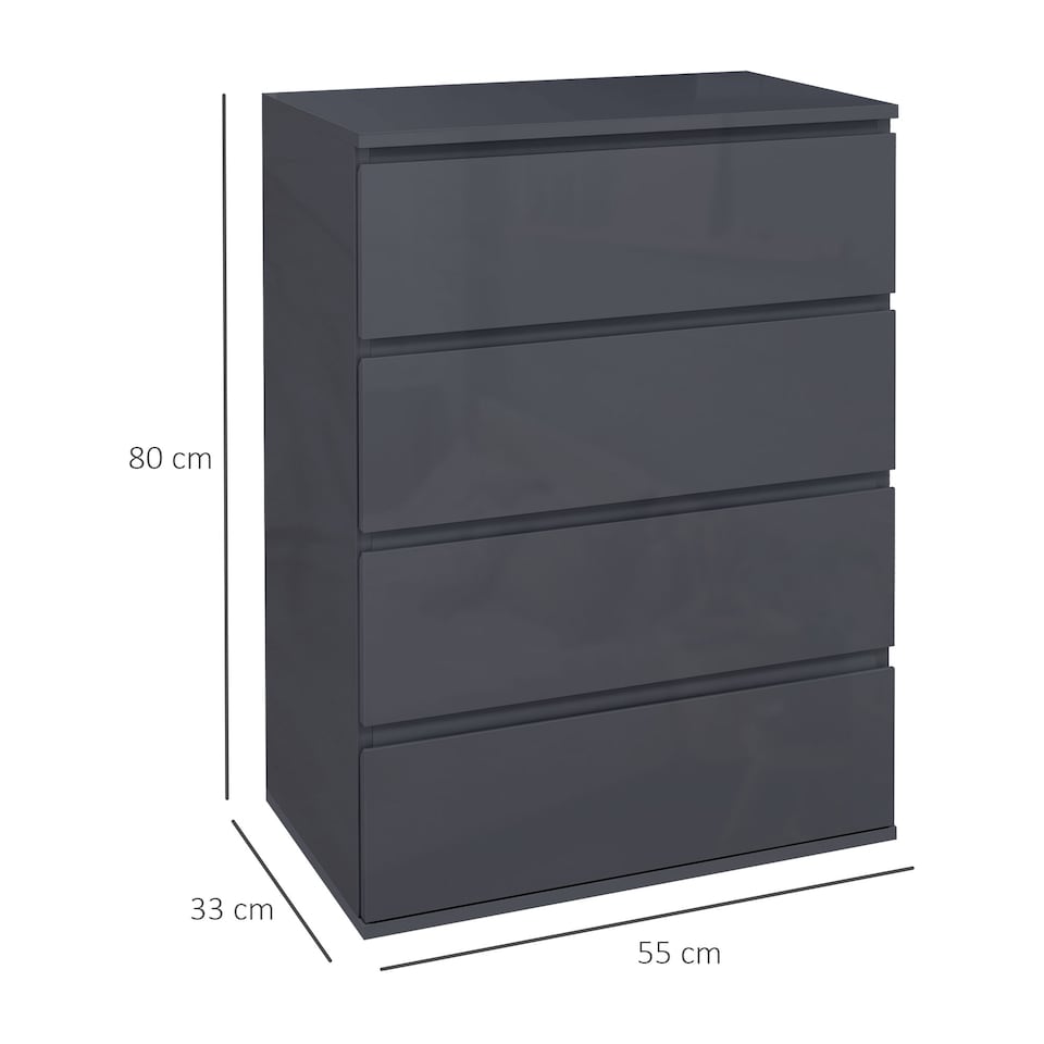 image 1 of HOMCOM High Gloss Chest of Drawers, Modern 4 Drawer Dresser with Soft Closing Mechanism for Bedroom, Grey