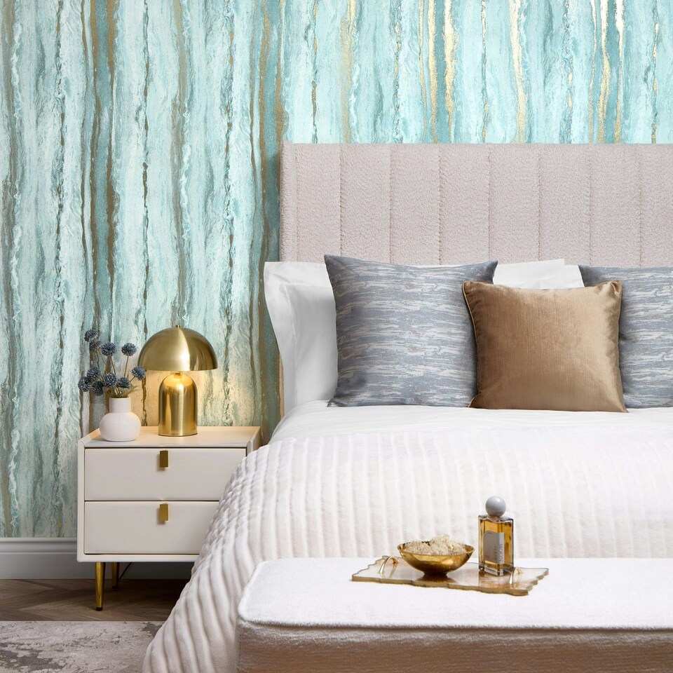 image 1 of Zurich Metallic Wallpaper in Turquoise and Metallic Gold Multi