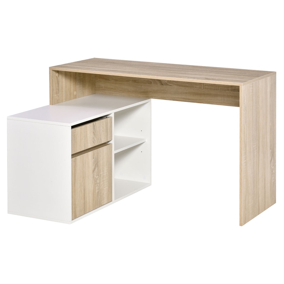 image 1 of HOMCOM L-Shaped Desk, Corner Computer Desk with Storage Drawer, Adjustable Shelf, Cabinet for Home Office and Study, 120 x 92 x 75cm, Oak and White