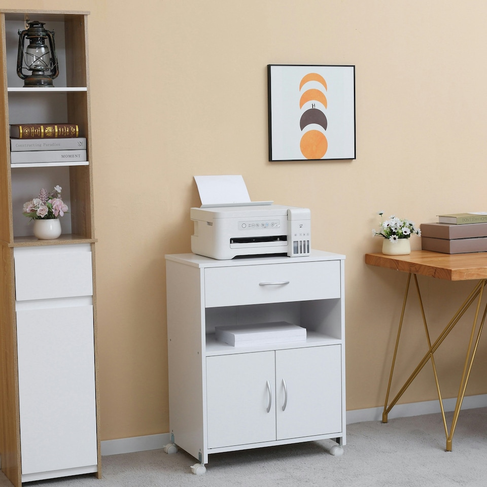 image 1 of Vinsetto Mobile Printer Stand w/ Storage Shelf Universal Wheels for Home White