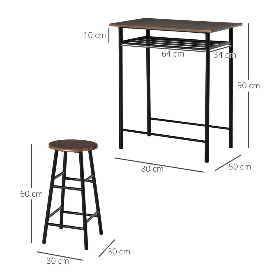 image 1 of HOMCOM Bar Table Set, Bar Table and Stools Set, Footrest and Storage Shelf, for Kitchen, Dining Room, Pub, Cafe, Black and Oak