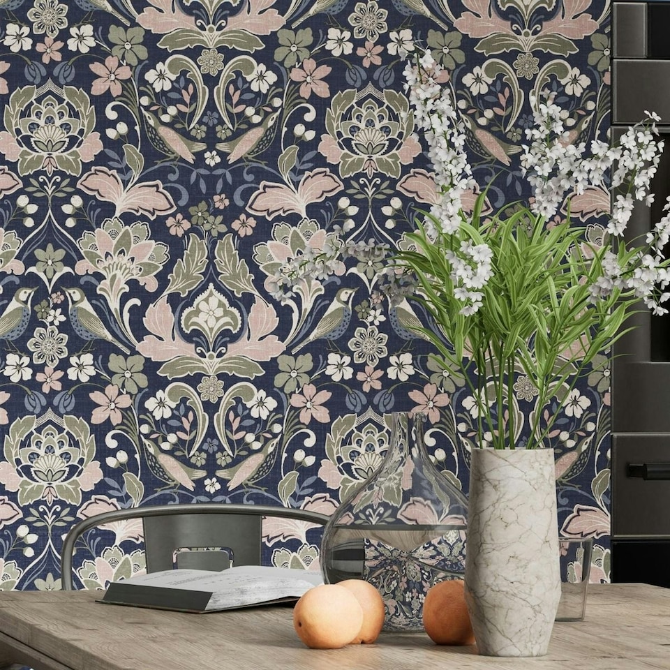 image 1 of World Of Wallpaper Folk Floral Textured Wallpaper - Navy/Pink/Olive - 10m x 53cm Blue