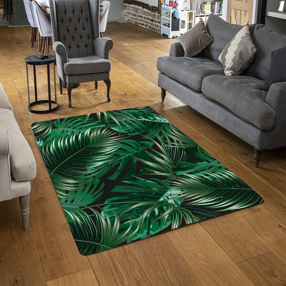 image 1 of Tropical Leaves on Black (Rug) Green | Small: 60x110cm