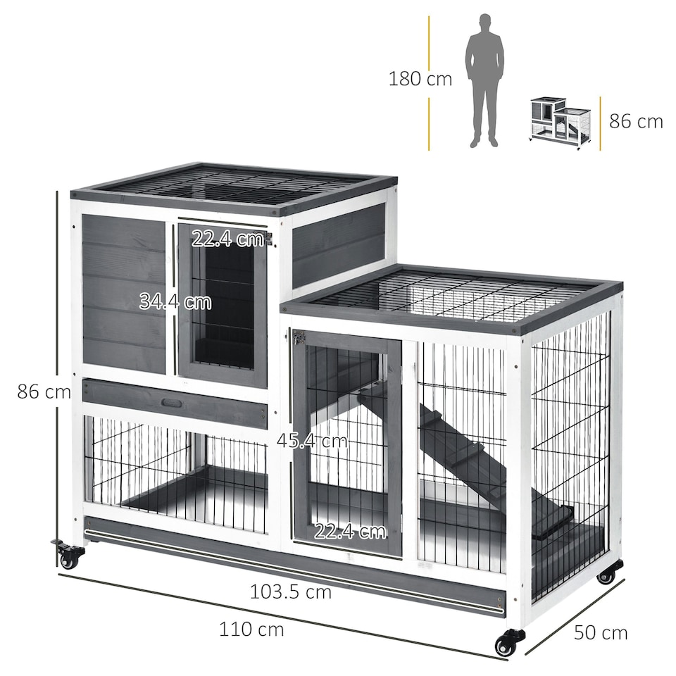 image 1 of PawHut Wooden Indoor Rabbit Hutch Elevated Bunny Cage with Enclosed Run W/Wheel