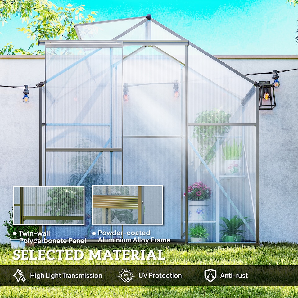 image 1 of Outsunny 6 x 2.5ft Polycarbonate Greenhouse Aluminium Green House, Dark Grey | Grey