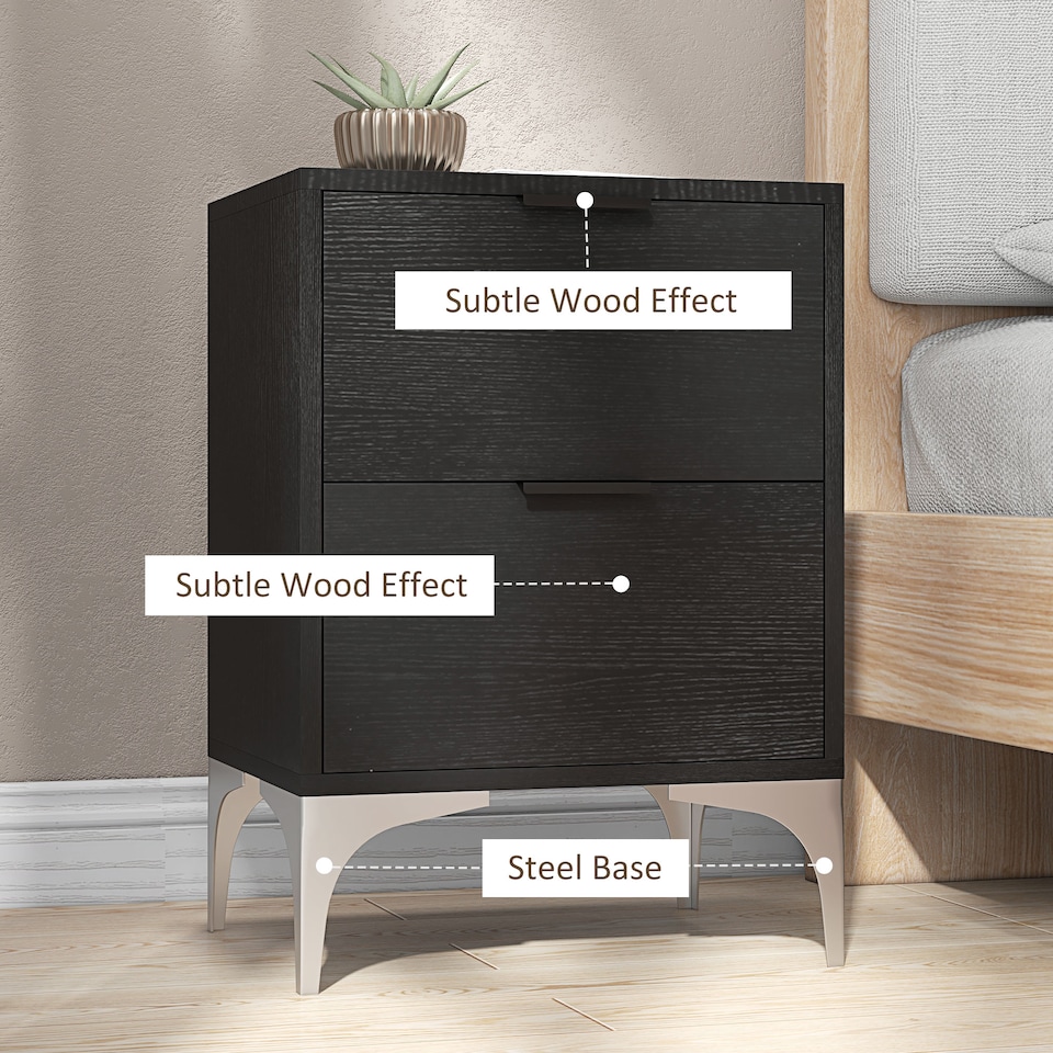 image 1 of HOMCOM Bedside Tables Set of 2, Modern Nightstand with 2 Drawers, Small Sofa End Tables with Storage and Steel Legs for Bedroom, Living Room, Black