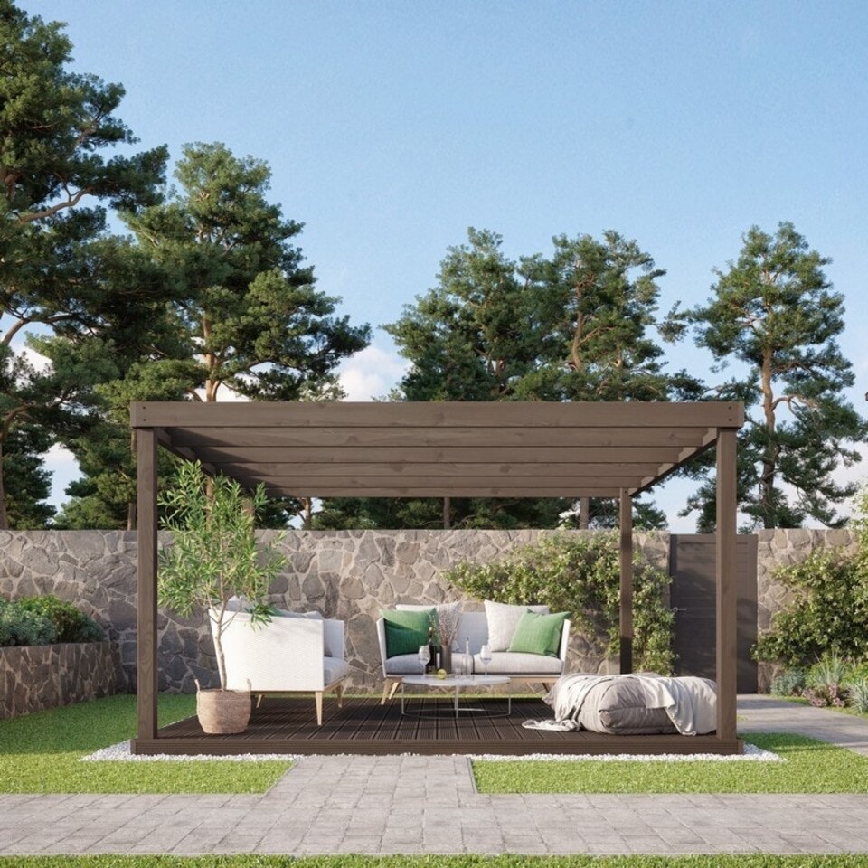 image 1 of Box Pergola and Decking Kit - Wood - L480 x W480 cm - Rustic Brown