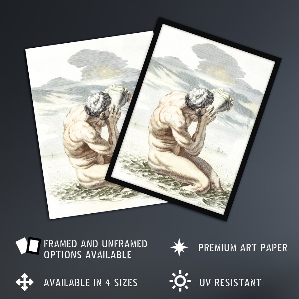 image 1 of Triton Blows On The Conch Shell Johan Teyler Huge Wall Art Print 18X24 In