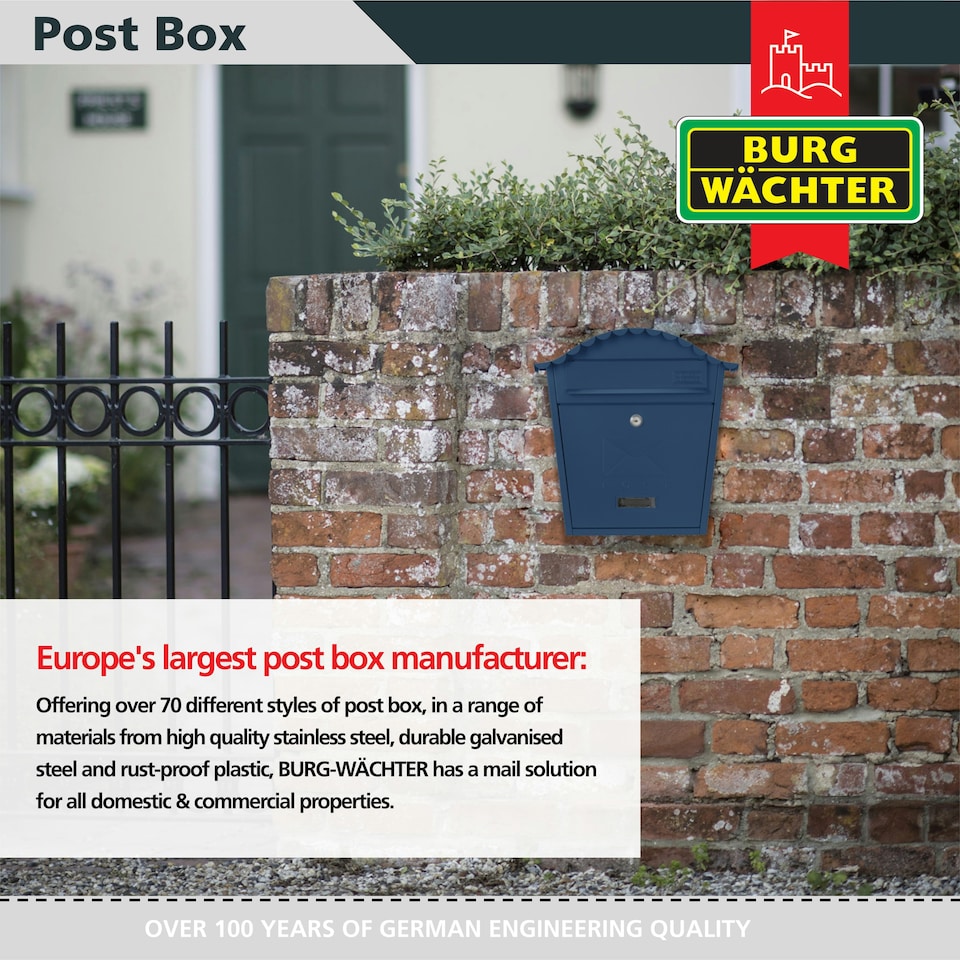 image 1 of Burg-Wachter Classic Wall Mounted Galvanised Steel Lockable Weatherproof Post Box - 36x37x13cm Blue | Midnight Blue