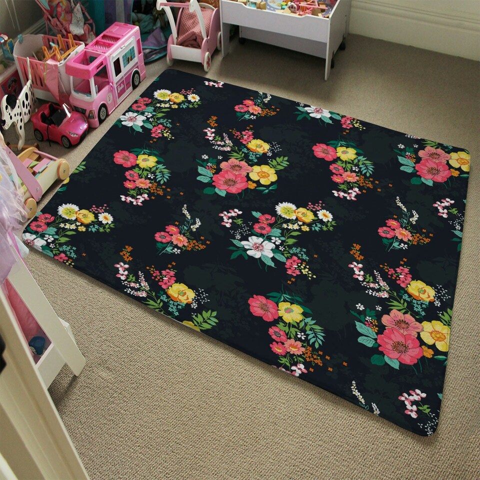 image 1 of Floral Pattern (Rug) Black | Large: 140x200cm
