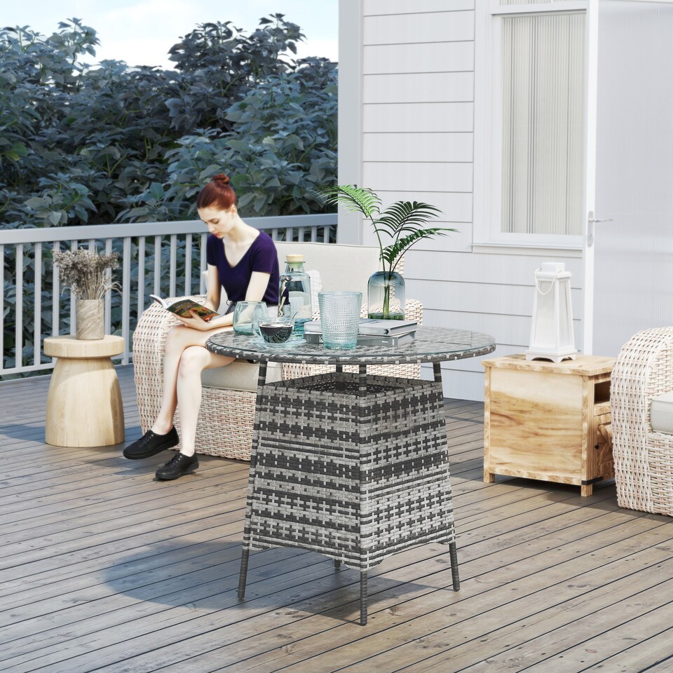 image 1 of Outsunny Patio Furniture Rattan Garden Table with Umbrella Hole, Grey
