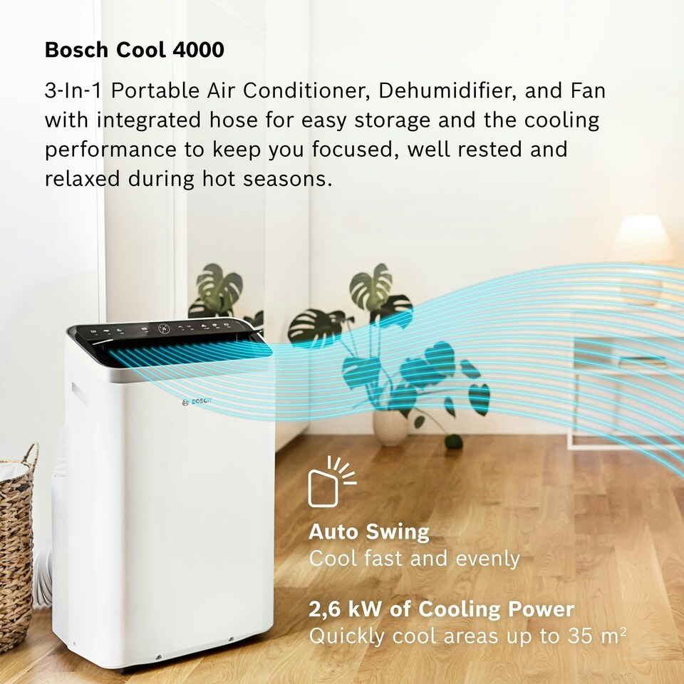 image 1 of Bosch Cool 4000 Portable AC - 3-in-1: Air Conditioner, Dehumidifier, Fan - 2.6 kW for Rooms of up to 35m² - With Auto Mode, Silent Mode & Sleep Mode