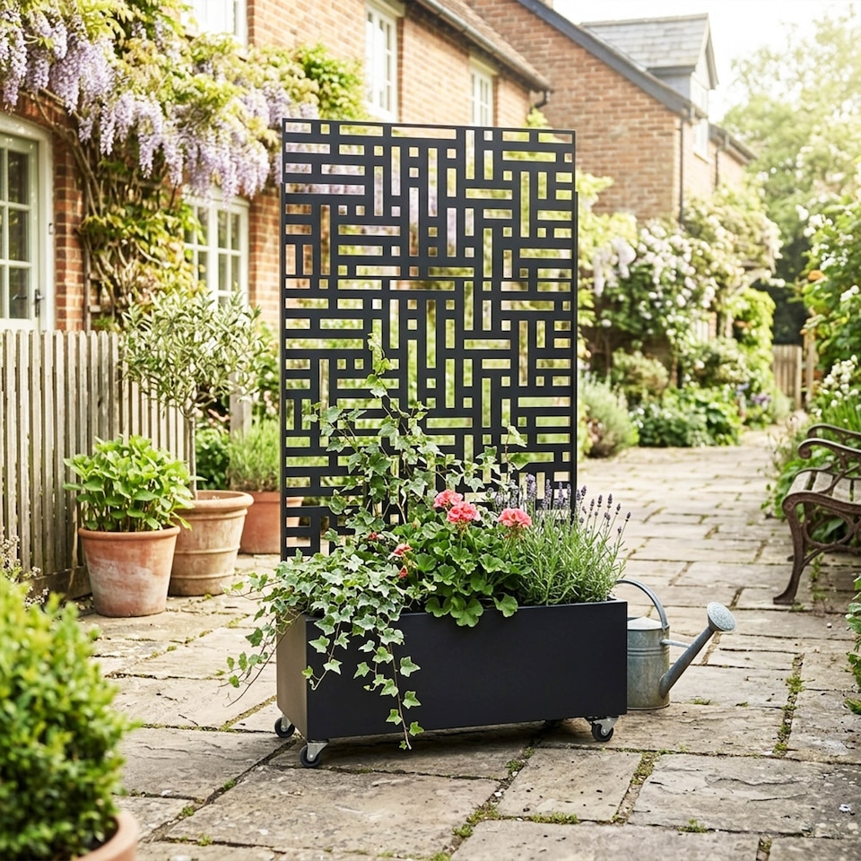 image 1 of Nicoman Metal Outdoor Privacy Screen Panel with Planter | Black | Black | 1