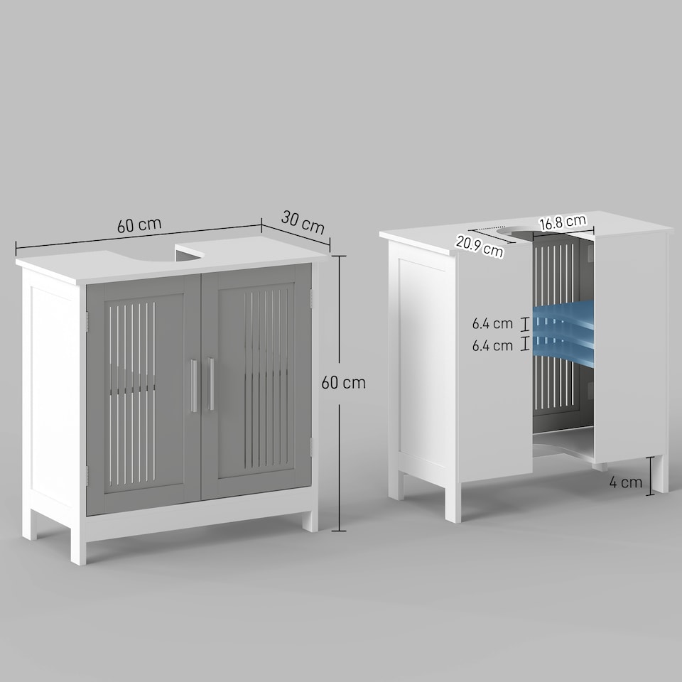 image 1 of kleankin Modern Under Sink Cabinet with 2 Doors, Bathroom Vanity Unit, Pedestal Under Sink Design, Storage Cupboard with Adjustable Shelves, Grey | Grey | Grey