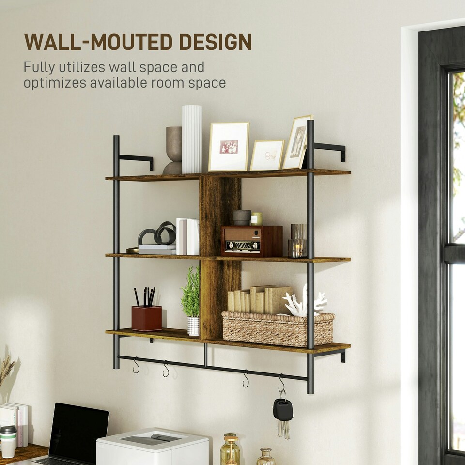 image 1 of HOMCOM Wall Shelf Unit with 4 Hooks for Living Room Rustic Brown