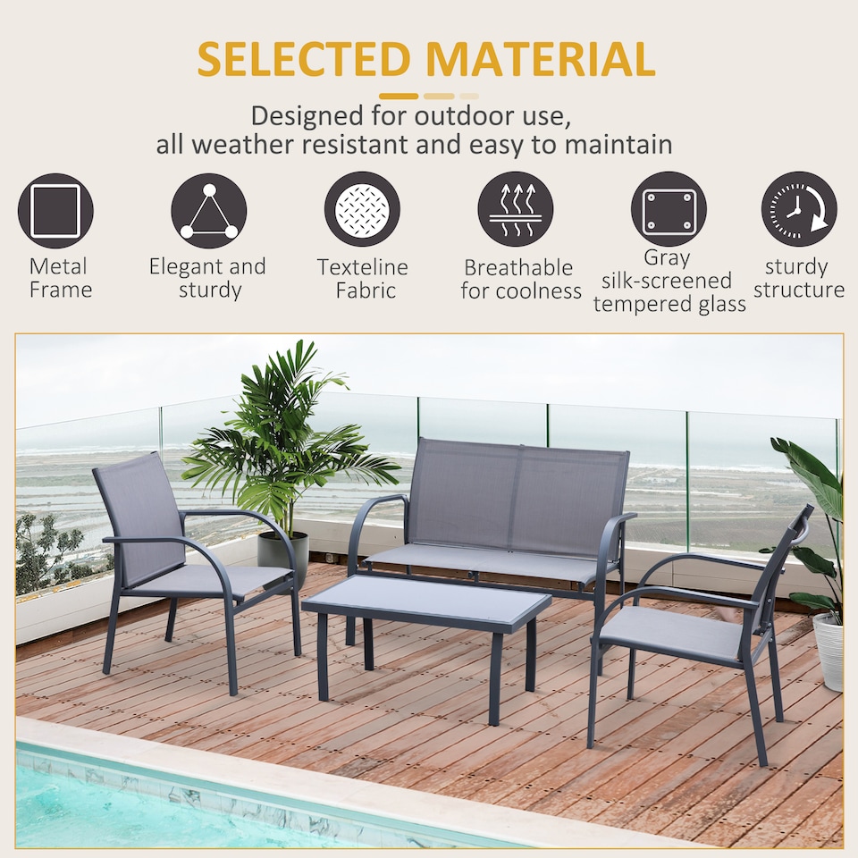 image 1 of Outsunny 4 Pcs Curved Steel Outdoor Furniture Set w Loveseat, 2 Texteline Seats, Glass Top Table Garden Balcony Patio Furniture For Family Party Events Guests Grey