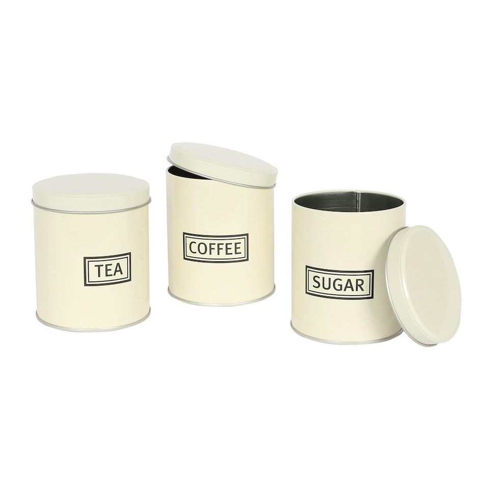 image 1 of Harbour Housewares 3pc Round Metal Tea Coffee Sugar Canister Set - Cream - Kitchen Caddy Kitchen Storage Containers Canisters