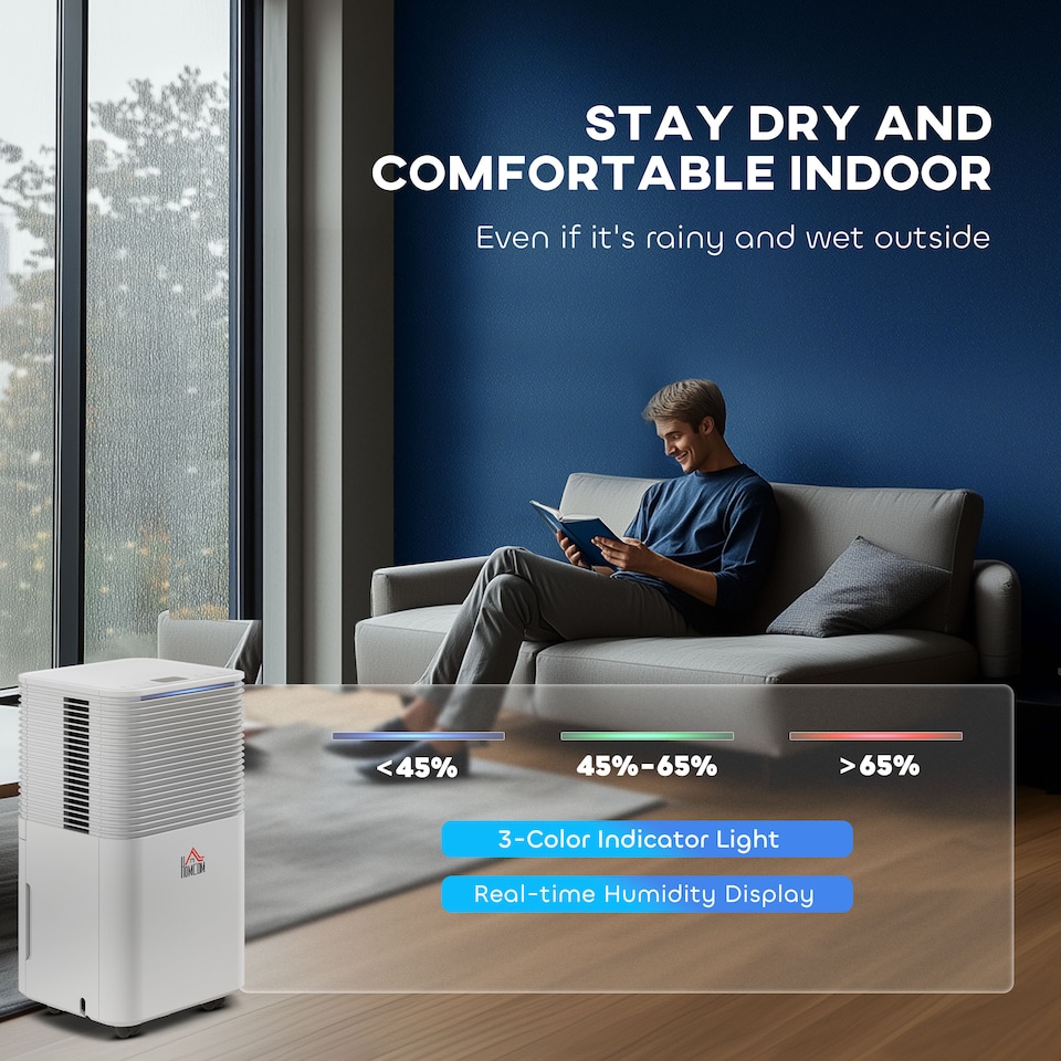 image 1 of HOMCOM 10LDay Dehumidifier with 2L Water Tank, Laundry Drying, Automatic Humidity Sensor, Electric Portable Dehumidifier with 24H Timer, 3 Modes for Home Damp, Mould and Condensation