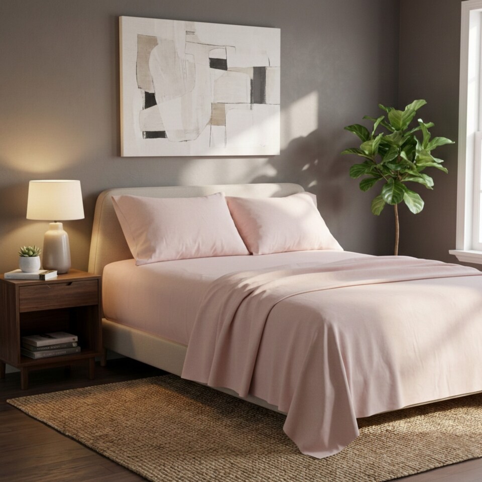 image 1 of Soft Plain Brushed Cotton Fitted Flat Sheet Matching Pillowcases Set | Pink | Double