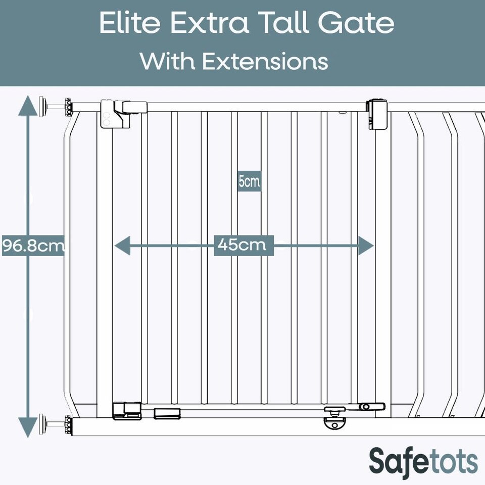 image 1 of Safetots Extra Tall Elite Safety Gate, 225cm - 234cm, Matt White, Extra Tall 96.8cm in Height, Pressure Fit Stair Gate, Baby Gate for Doors Hallways and Spaces, Safety Barrier, Easy Installation