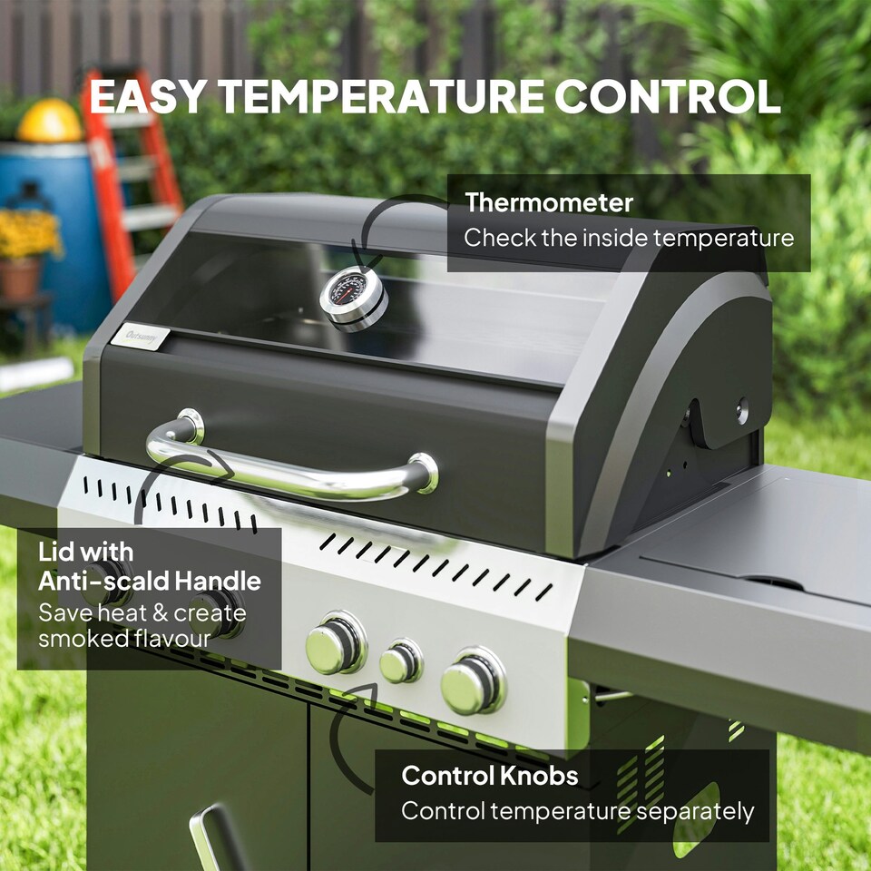 image 1 of Outsunny 4+1 Burner Gas BBQ Grill with Clear View Lid, Thermometer, Black