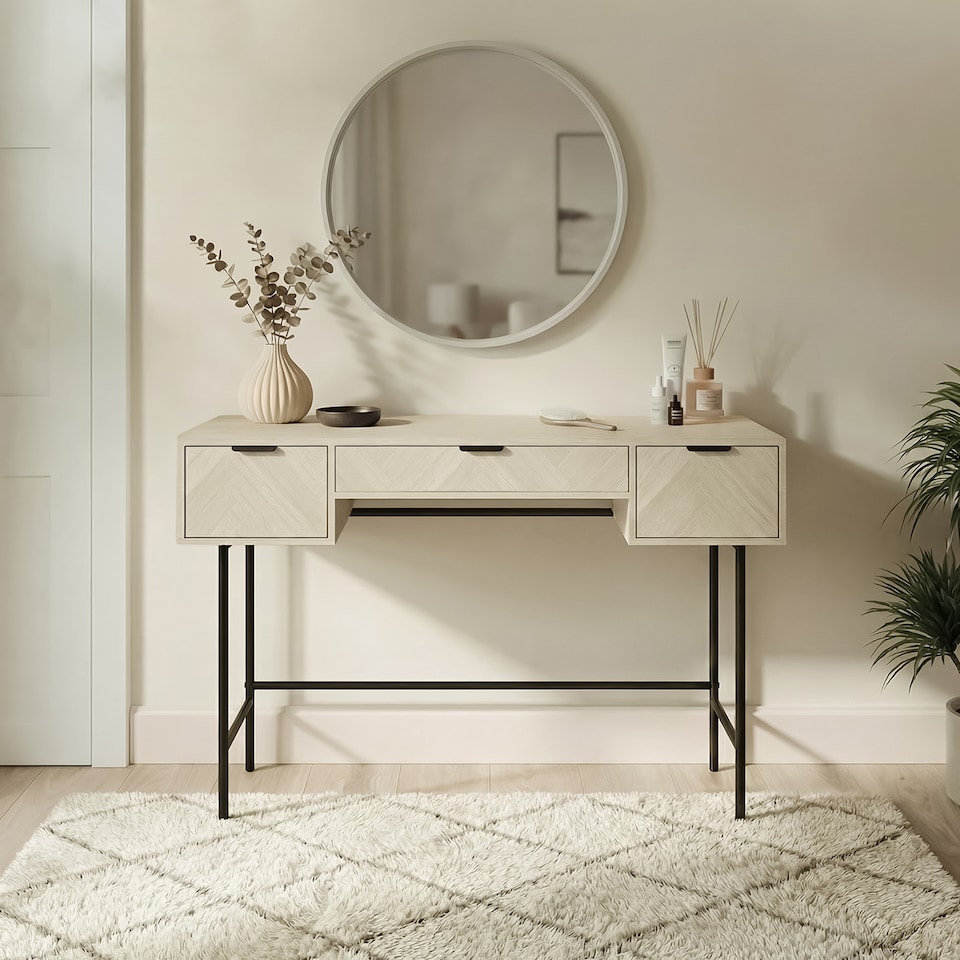 image 1 of OHS Chevron Wood Dressing Table 3 Drawer Vanity Makeup Desk