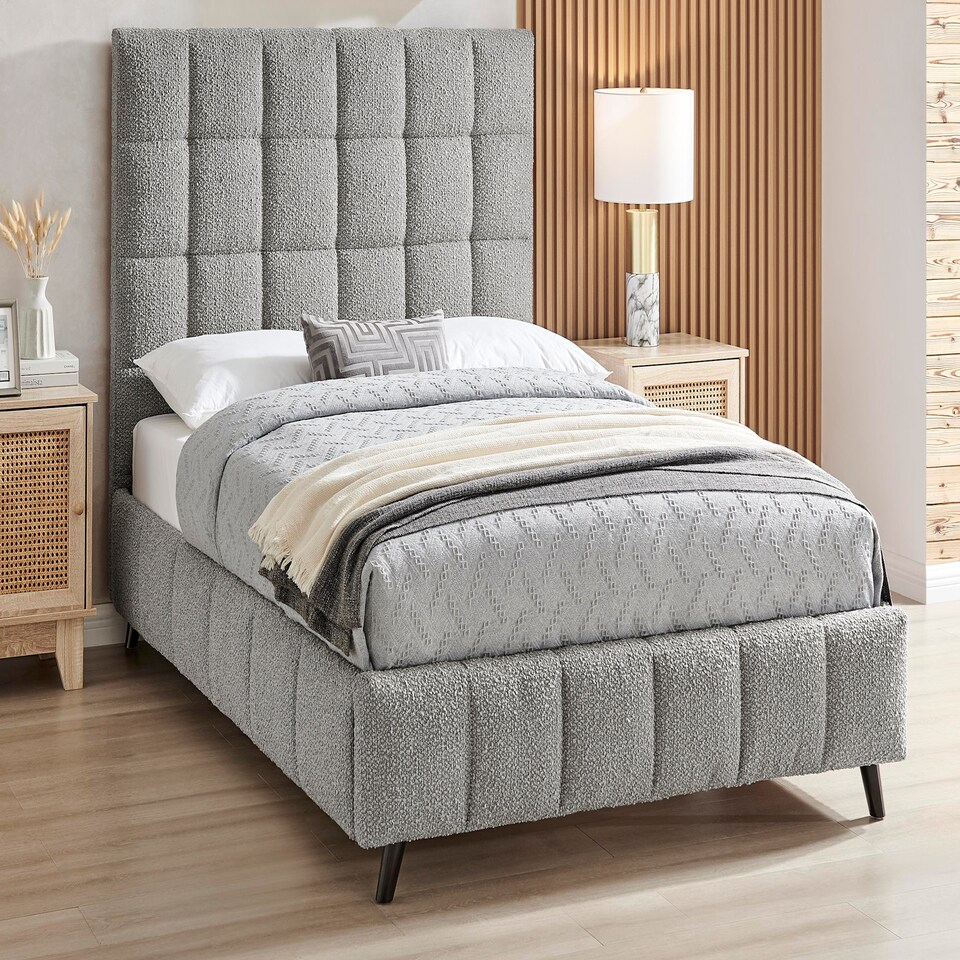 image 1 of 4ft6 Double Grey,Tall Headend Headboard Soft Fabric Boucle Upholstered Bed Frame