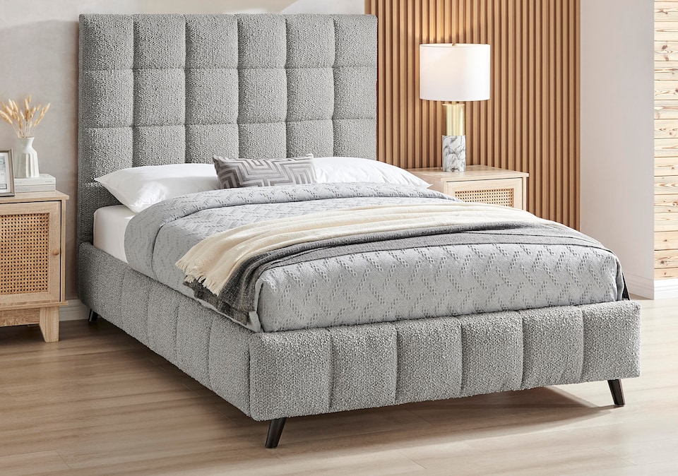 image 1 of 4ft6 Double Grey,Tall Headend Headboard Soft Fabric Boucle Upholstered Bed Frame